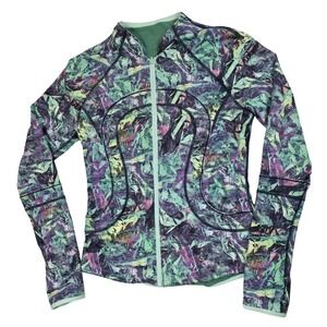 Lululemon Reversible Full Zip Jacket Size 8 Purple Green Abstract Mesh Print